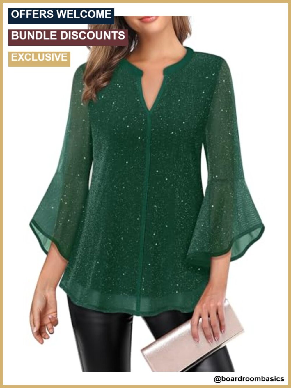 Mesh Layered 3/4 Bell Sleeve V Neck Tunic Blouse Loose Fit Dressy Top
